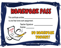 Printable Teachers No Homework Pass Templates